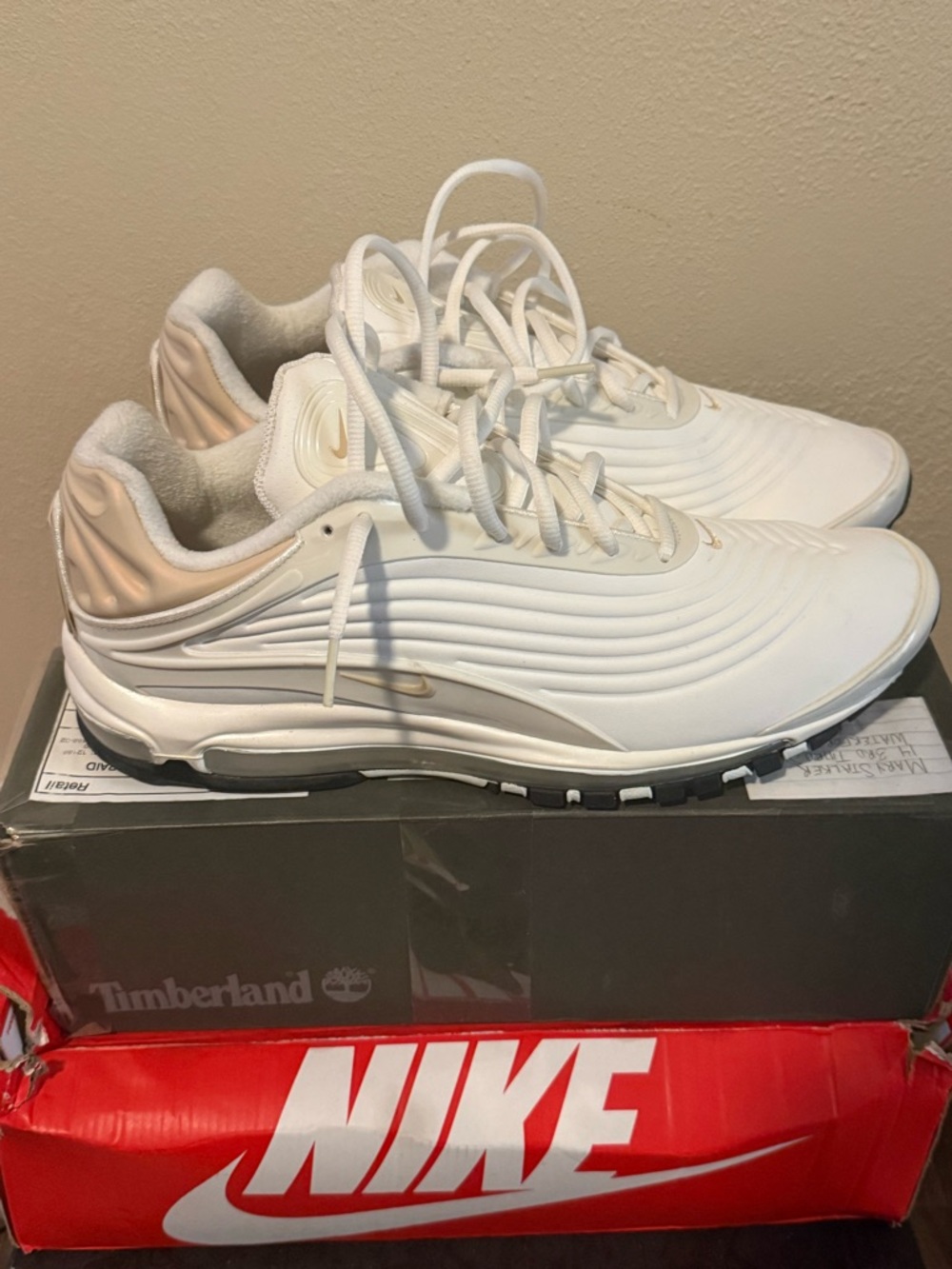 Men’s Nike Air Shake Ndestruct White and Gold Low-Profile Sneakers